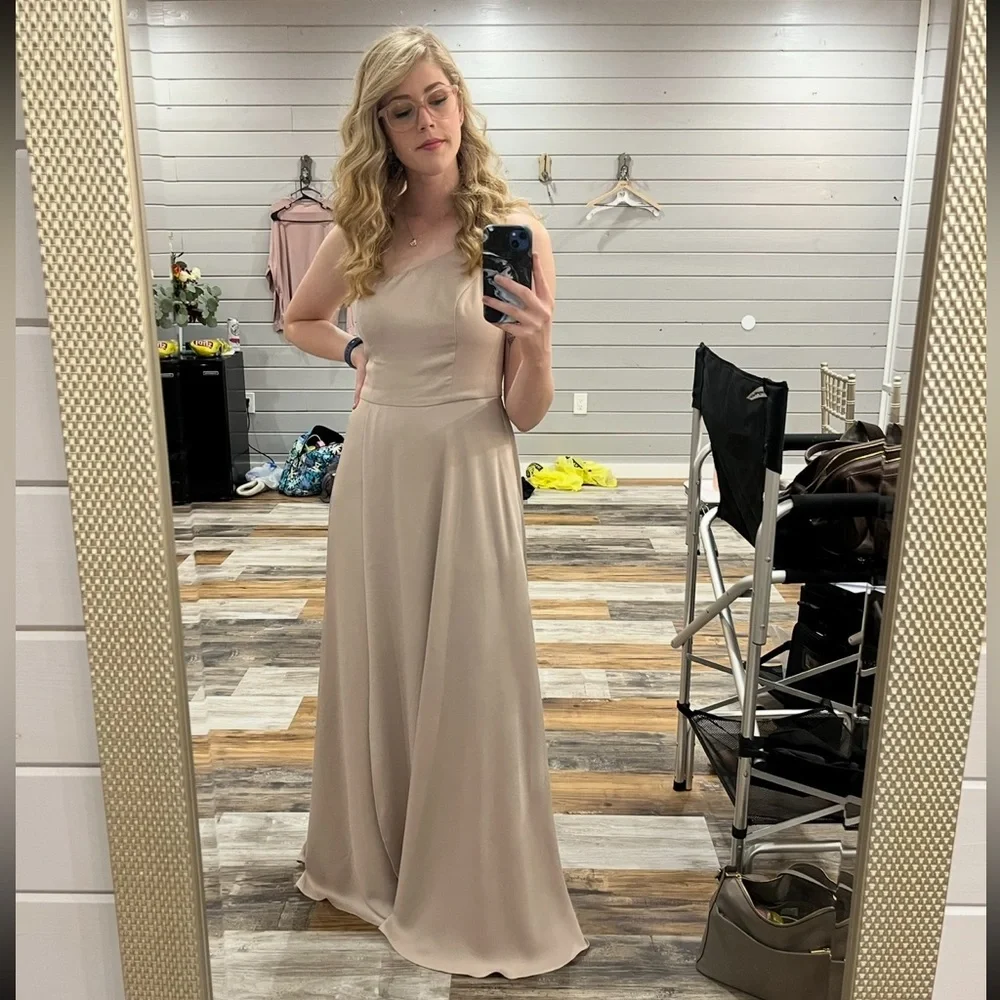 Crepe-Back Satin One-Shoulder Dress - Biscotti - 6 - Picture 2 of 13